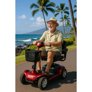 Smiling senior man in a straw hat rides a red heavy-duty Akamai Mobility scooter along the Lahaina coastline in Maui, Hawaii.