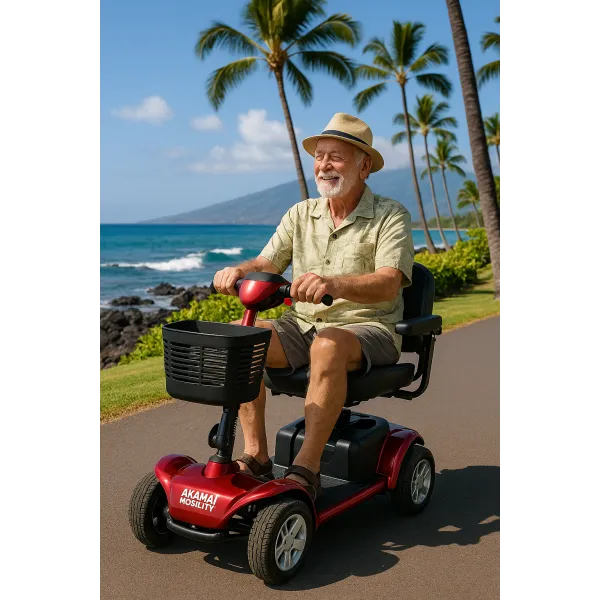 Smiling senior man in a straw hat rides a red heavy-duty Akamai Mobility scooter along the Lahaina coastline in Maui, Hawaii.