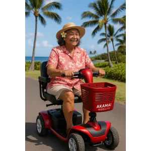 Smiling senior woman rides a red heavy-duty Akamai Mobility scooter with a front basket along the coastline in Kailua-Kona, Big Island Hawaii.