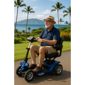 Senior man in a straw hat rides a blue lightweight Akamai Mobility scooter overlooking the ocean in Kailua-Kona, Big Island Hawaii.