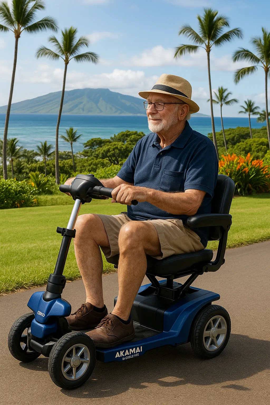 Lightweight Mobility Scooter – Big Island Senior man in a straw hat rides a blue lightweight Akamai Mobility scooter overlooking the ocean in Kailua-Kona, Big Island Hawaii.