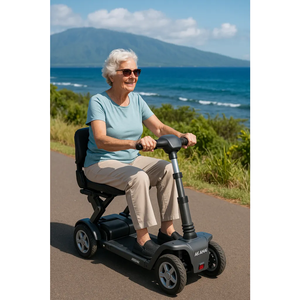 Older woman in a blue shirt riding a black Akamai Transformer folding scooter near Maui’s coastline, smiling on a sunny day.