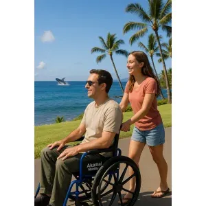 Man in an Akamai Mobility manual wheelchair enjoys Lahaina’s oceanfront views with a whale breaching in the distance, pushed by a smiling woman.