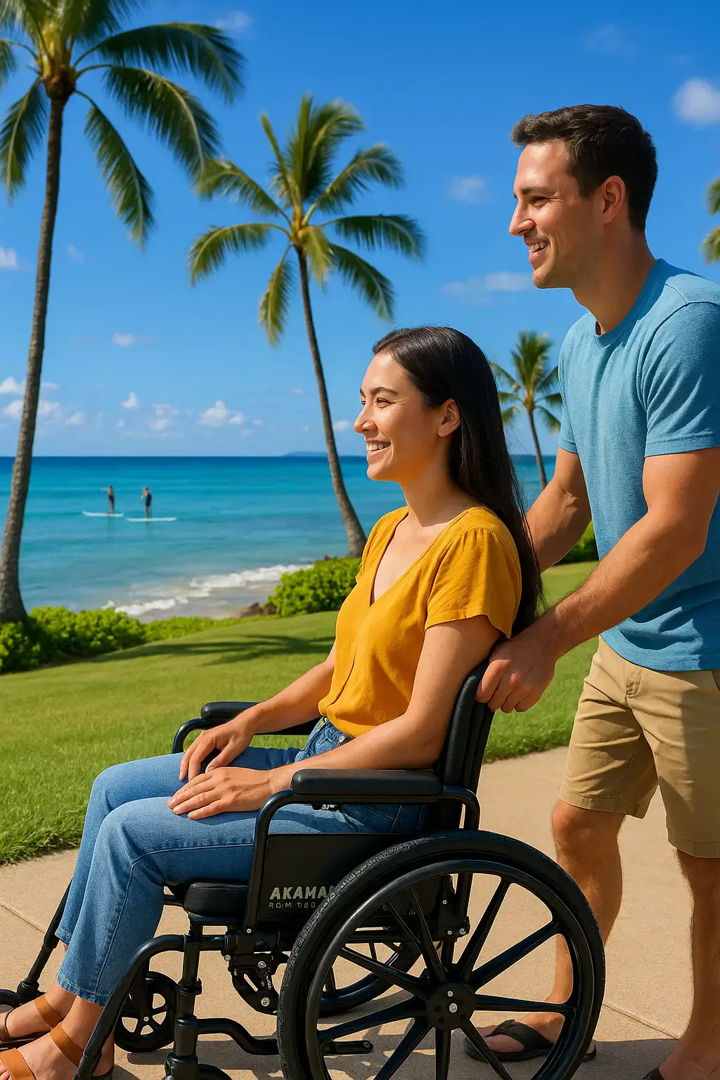 Woman in an Akamai Mobility manual wheelchair enjoys a sunny Kailua-Kona coastal path on the Big Island, Hawaii, with paddleboarders in the background.