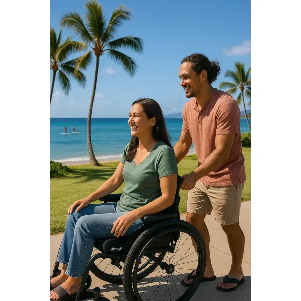 Smiling woman rides an Akamai Mobility manual wheelchair along the Waikoloa beachfront path on the Big Island, Hawaii, pushed by a companion.