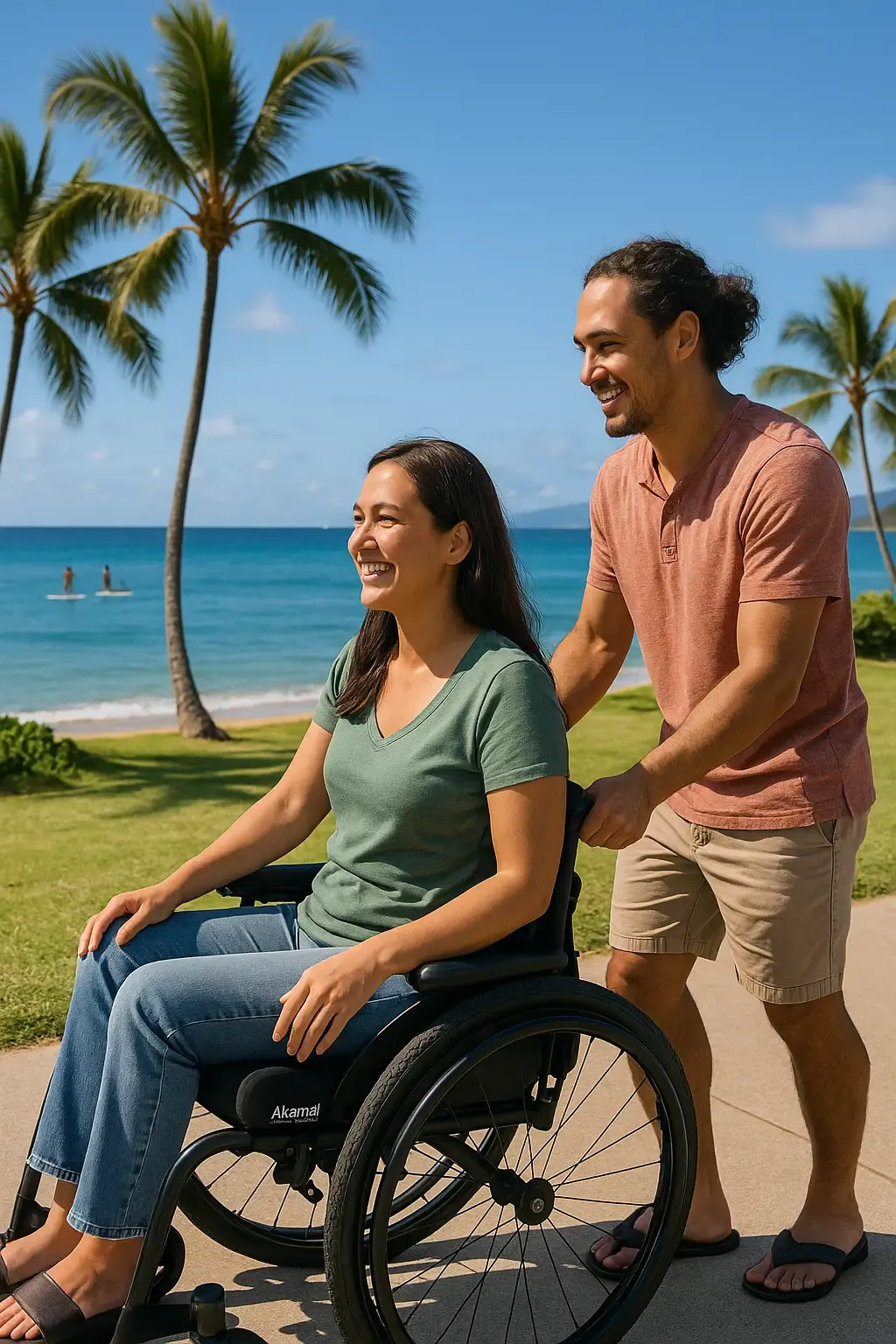 Wheelchair: Big Island Smiling woman rides an Akamai Mobility manual wheelchair along the Waikoloa beachfront path on the Big Island, Hawaii, pushed by a companion.