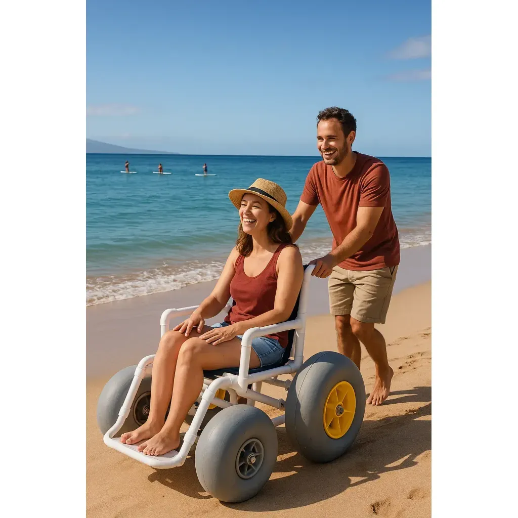 Smiling woman rides an Akamai Mobility all-terrain beach wheelchair with large inflatable tires along Waikoloa Beach on the Big Island, Hawaii, pushed by a companion.