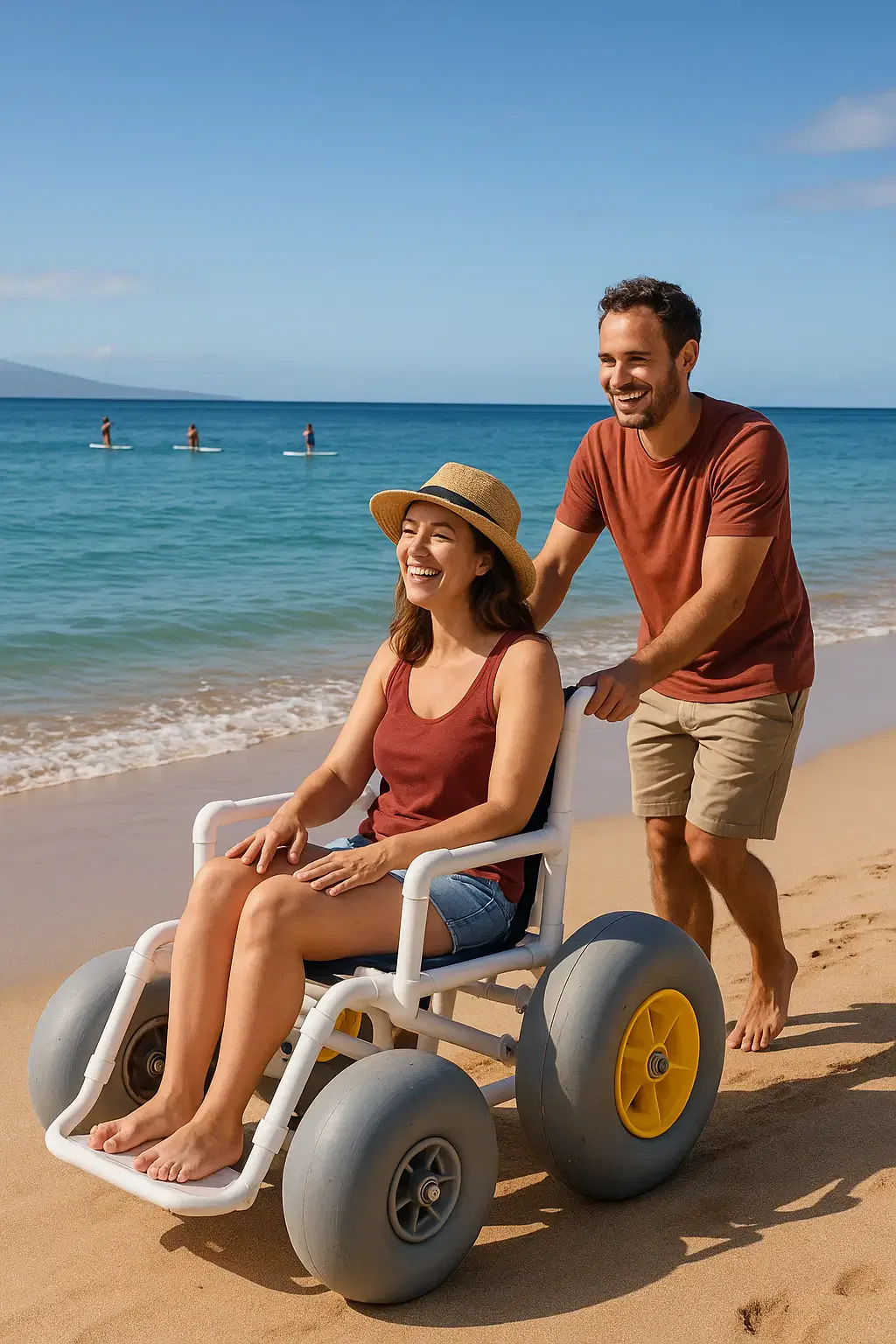 Smiling woman rides an Akamai Mobility all-terrain beach wheelchair with large inflatable tires along Waikoloa Beach on the Big Island, Hawaii, pushed by a companion.