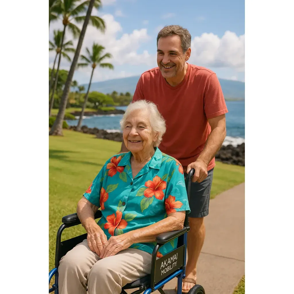 Elderly woman in a blue hibiscus shirt enjoying a scenic Waikoloa coastline ride in an Akamai Mobility transport companion wheelchair.