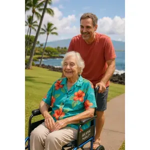 Elderly woman in a blue hibiscus shirt enjoying a scenic Waikoloa coastline ride in an Akamai Mobility transport companion wheelchair.