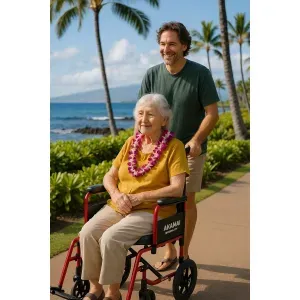 Smiling senior woman wearing a yellow shirt and purple orchid lei riding in an Akamai Mobility transport wheelchair along Lahaina’s scenic oceanfront, pushed by a man in a green shirt on a sunny day.