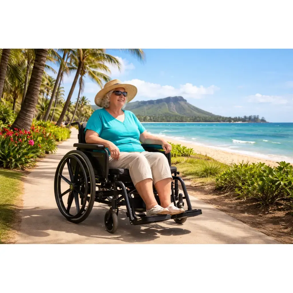 XL bariatric wheelchair parked along a coastal walkway in Hawaii with mountain and ocean views.