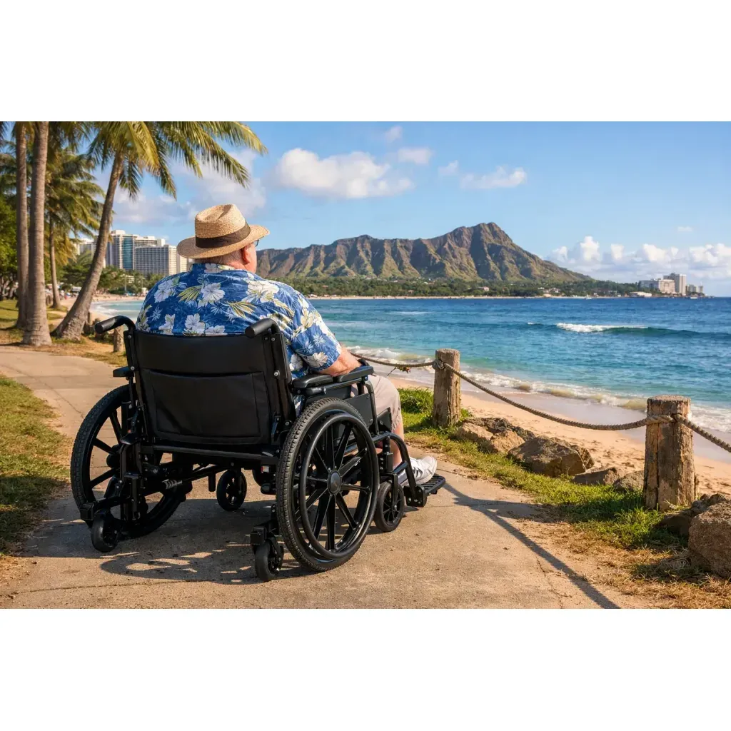 XL bariatric wheelchair on a paved oceanfront path in Hawaii, designed for outdoor comfort and higher weight capacity.