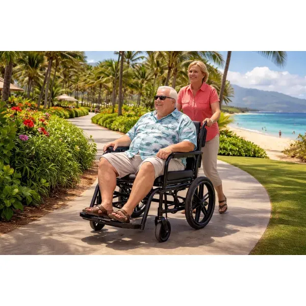 XL bariatric transport chair being pushed by a companion along a resort walkway near the beach.