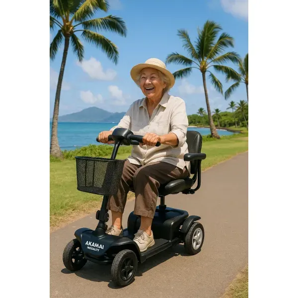 Smiling woman riding a lightweight mobility scooter along the ocean in Wailea, Maui