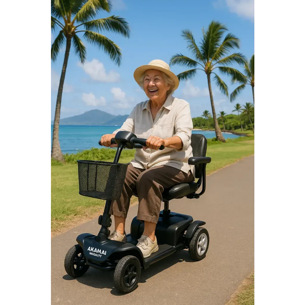 Smiling woman riding a lightweight mobility scooter along the ocean in Wailea, Maui