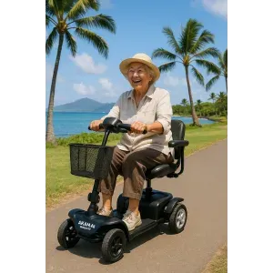 Smiling woman riding a lightweight mobility scooter along the ocean in Wailea, Maui