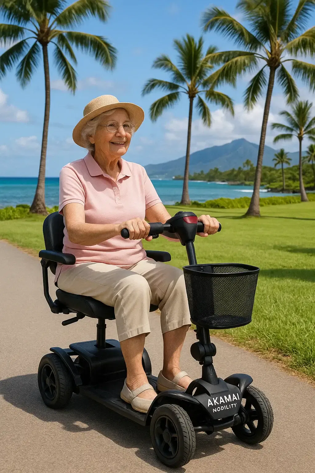 Senior woman rides a black lightweight Akamai Mobility scooter with front basket along the ocean path in Waikoloa, Big Island Hawaii.