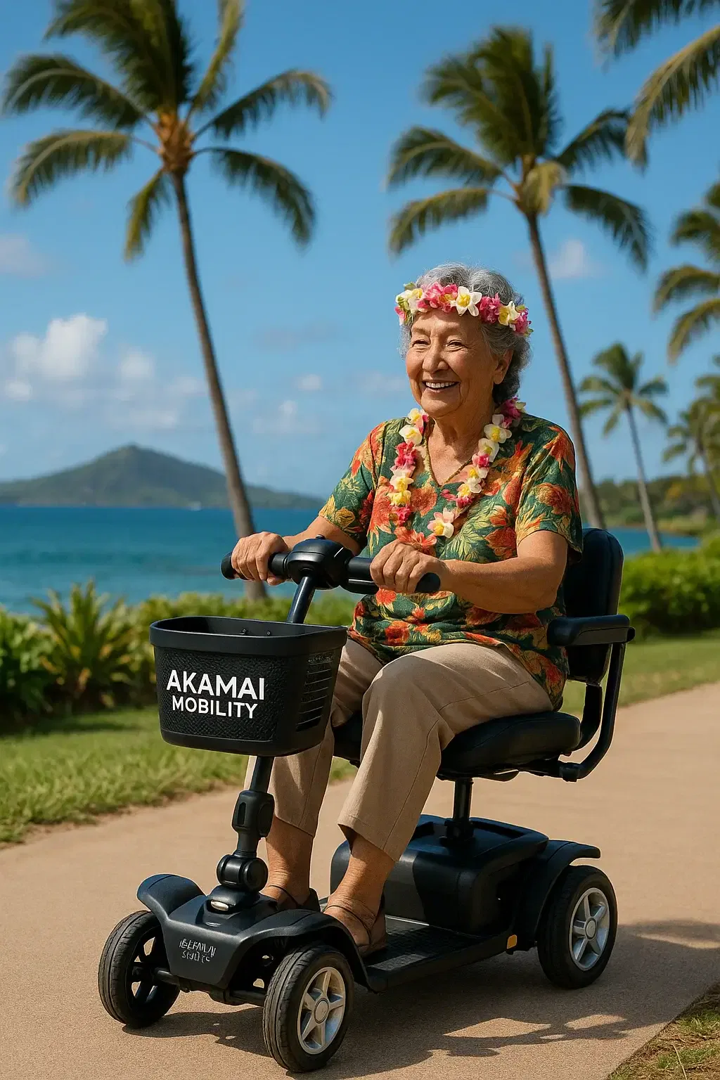 Smiling Hawaiian woman wearing a flower lei crown rides a black lightweight Akamai Mobility scooter near the coast in Kailua-Kona, Big Island Hawaii.