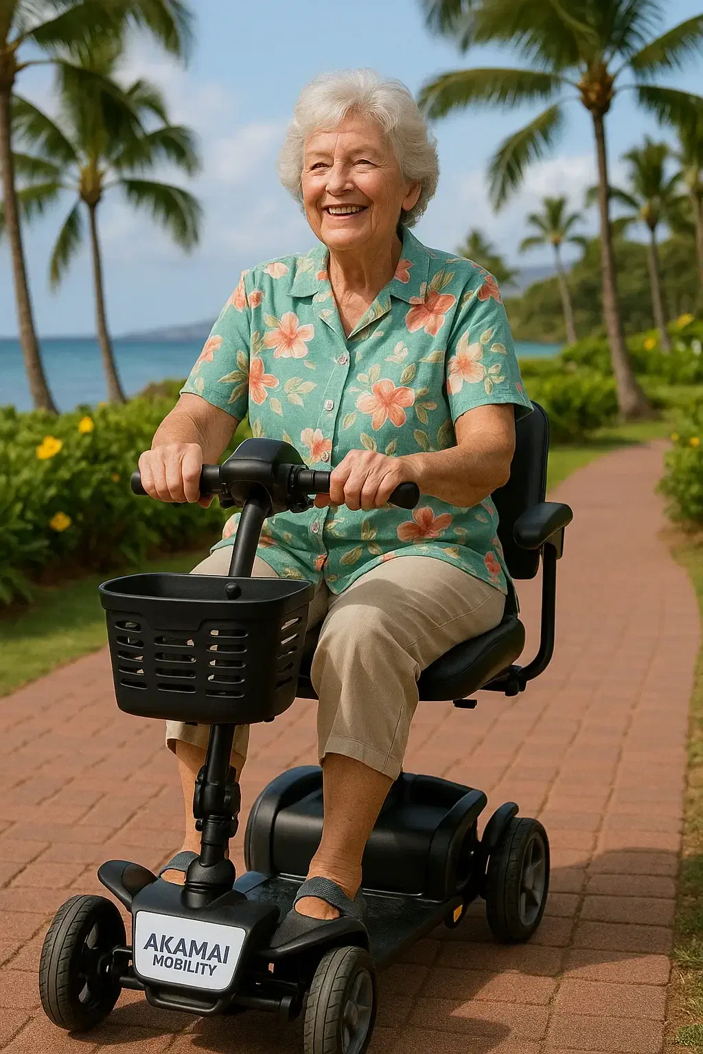 Woman riding a compact mobility scooter along a garden path at a resort in Kaanapali, Maui.
