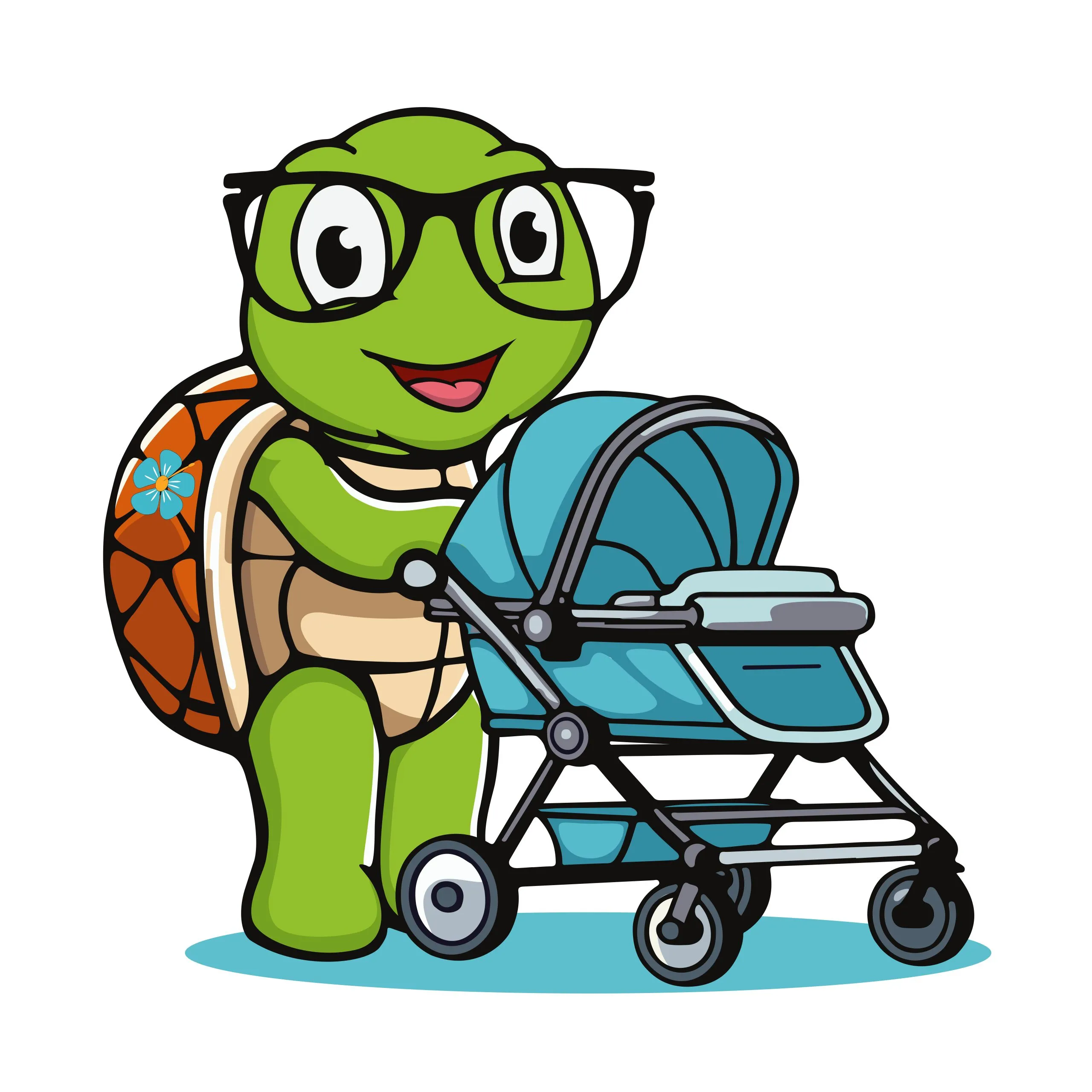Akamai Mobility mascot pushing stroller – showcasing baby gear rentals on Maui.
