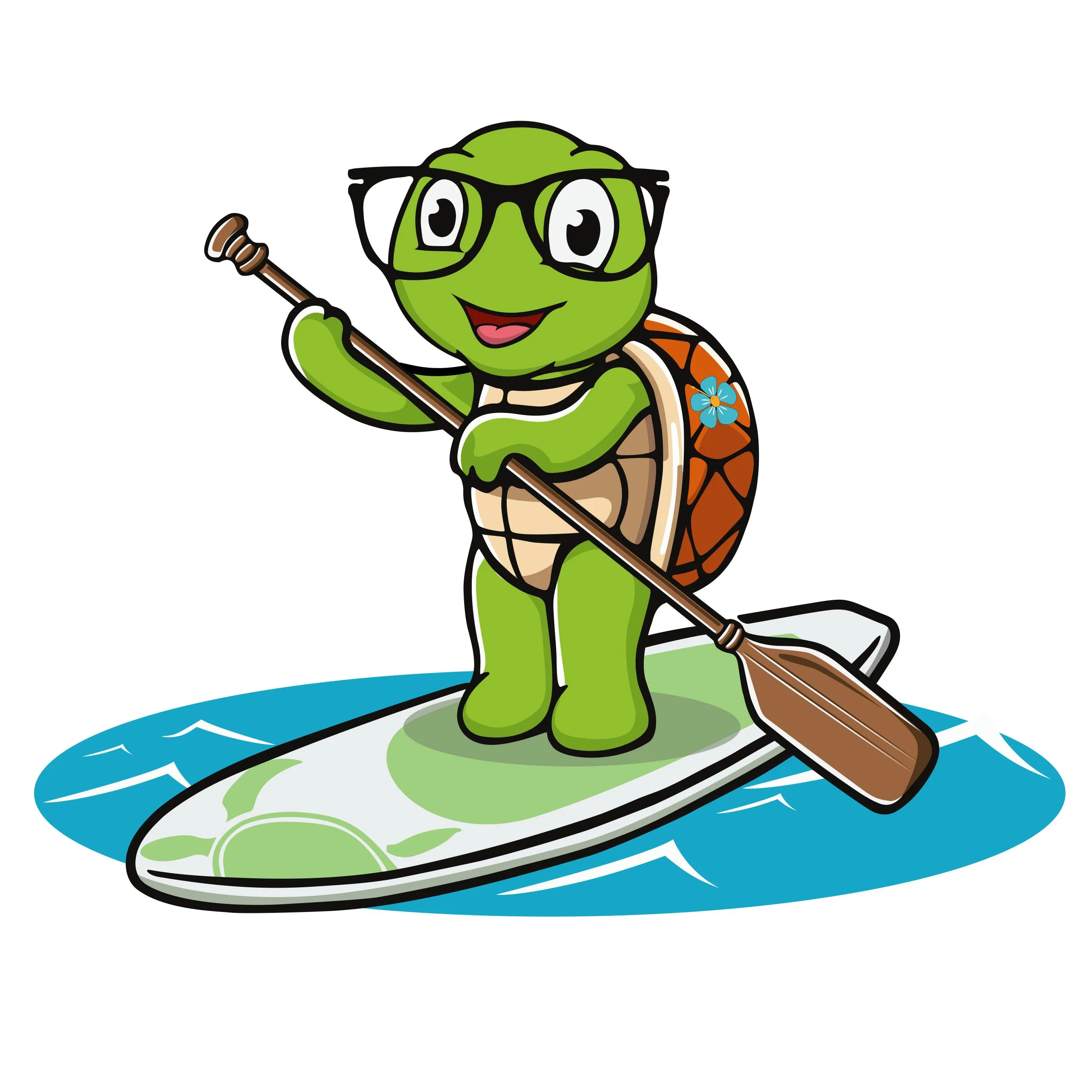 Maui Beach Gear Akamai Mobility mascot paddleboarding – promoting mobility scooter, wheelchair, and beach gear rentals on Maui and the Big Island.