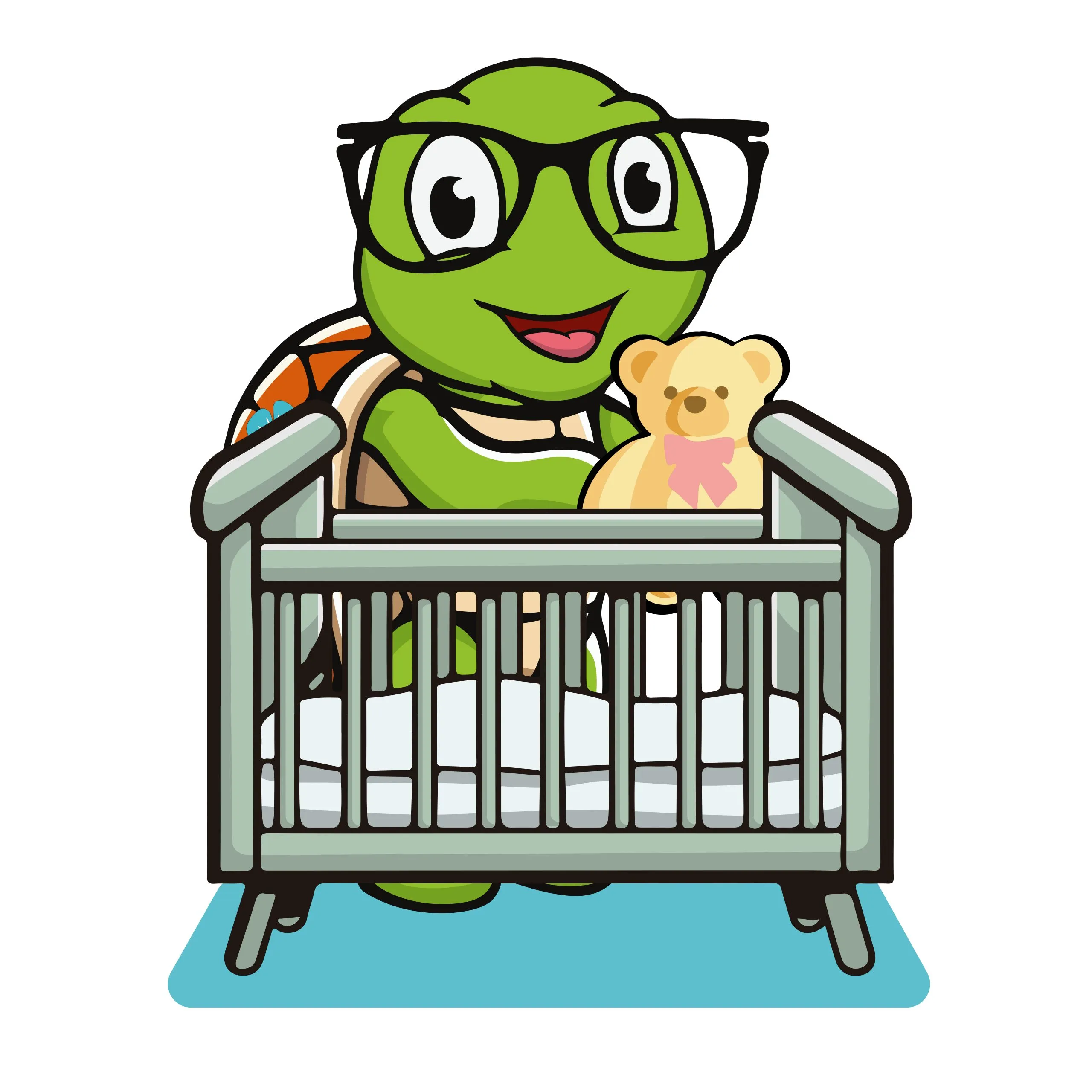 Akamai Mobility turtle mascot holding teddy bear behind a baby crib