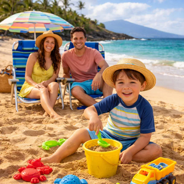 Professional lifestyle photograph of the Akamai Mobility 'Sandcastle Starter Kit' on a Maui beach. Features a blue all-terrain wagon loaded with two aluminum-framed Tommy Bahama chairs and a large umbrella. A 28-quart cooler, a colorful boogie board, and a vibrant set of sand toys are neatly staged on the sand.