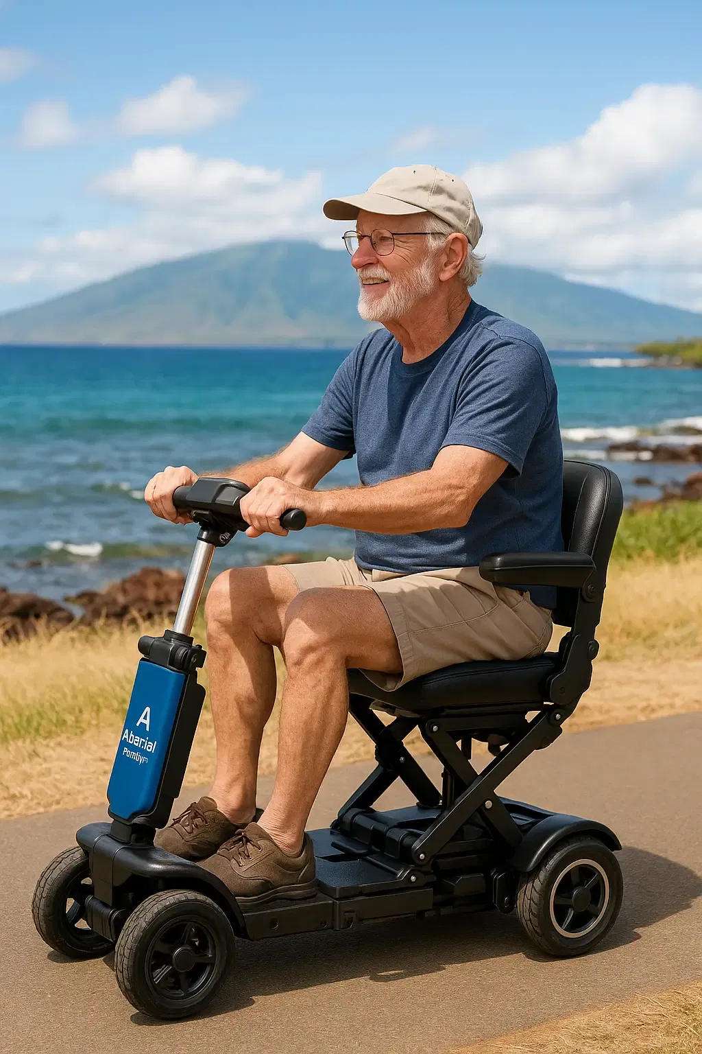 Older man wearing a cap rides a black foldable scooter from Akamai Mobility along the coastline near Waikoloa, Big Island Hawaii.