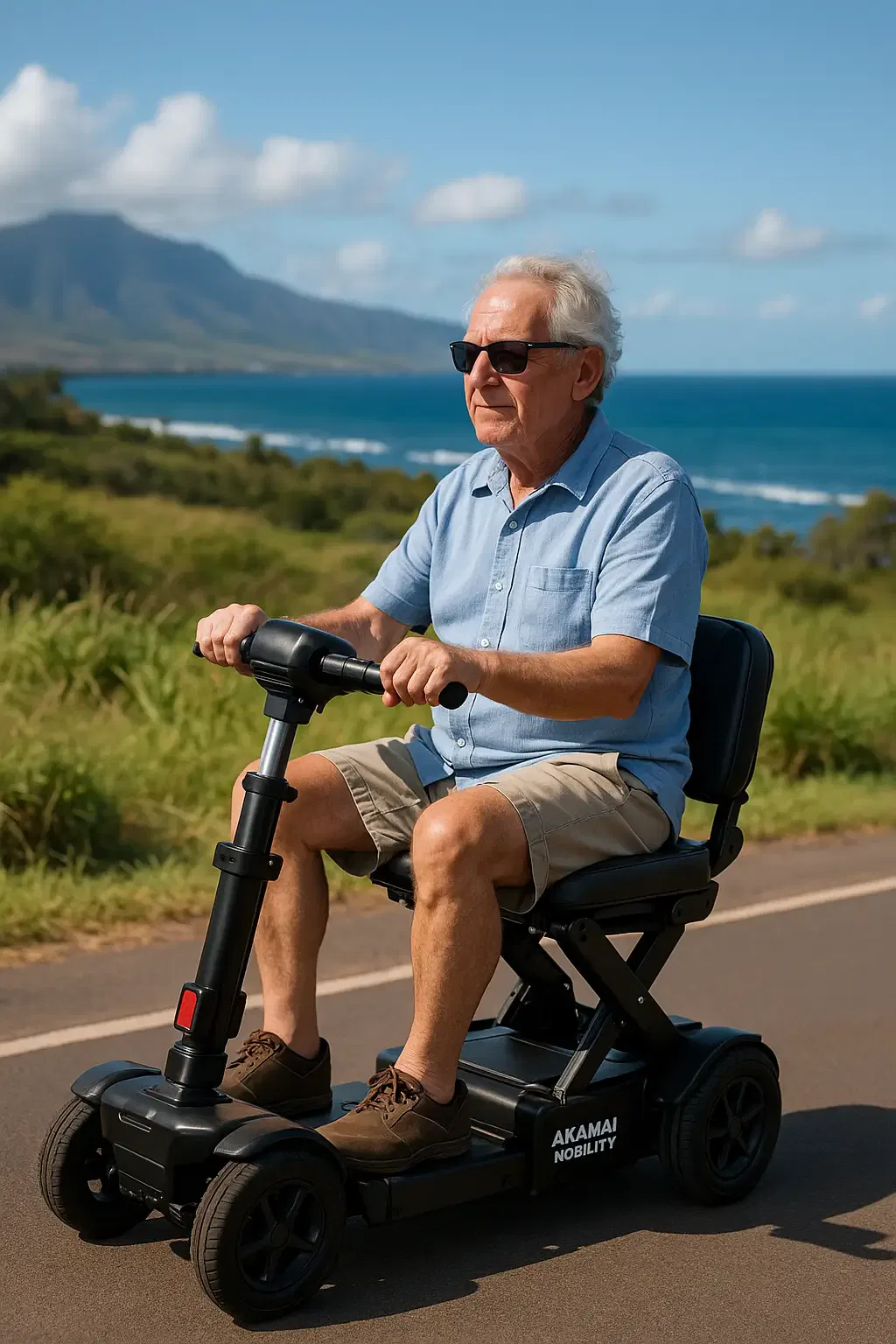 Elderly man riding a black foldable mobility scooter by Akamai Mobility on a scenic coastal road in Maui, with lush greenery and blue ocean in the background.