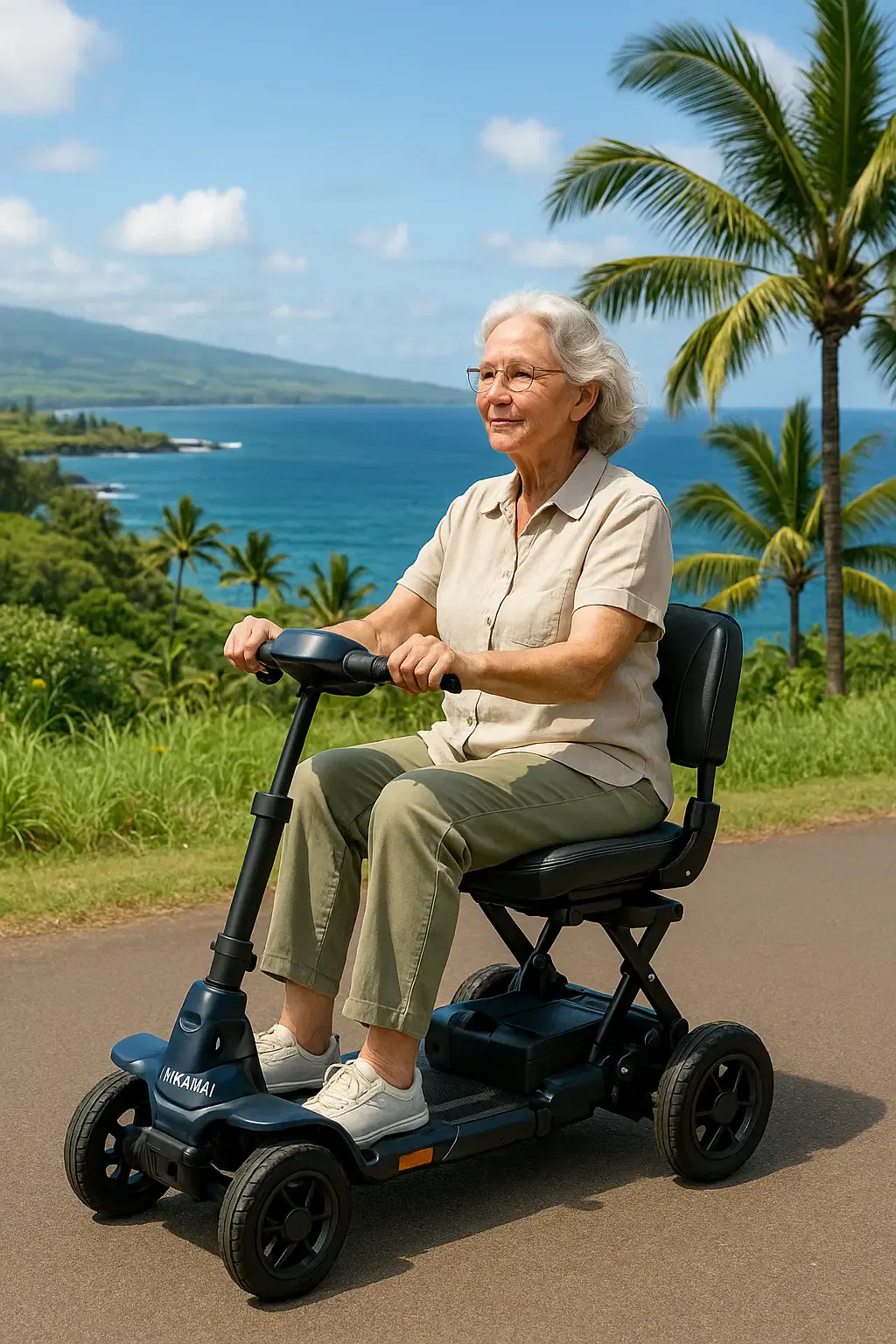 Elderly woman riding a black folding mobility scooter along a scenic Maui coastal path, with palm trees and ocean in the background.