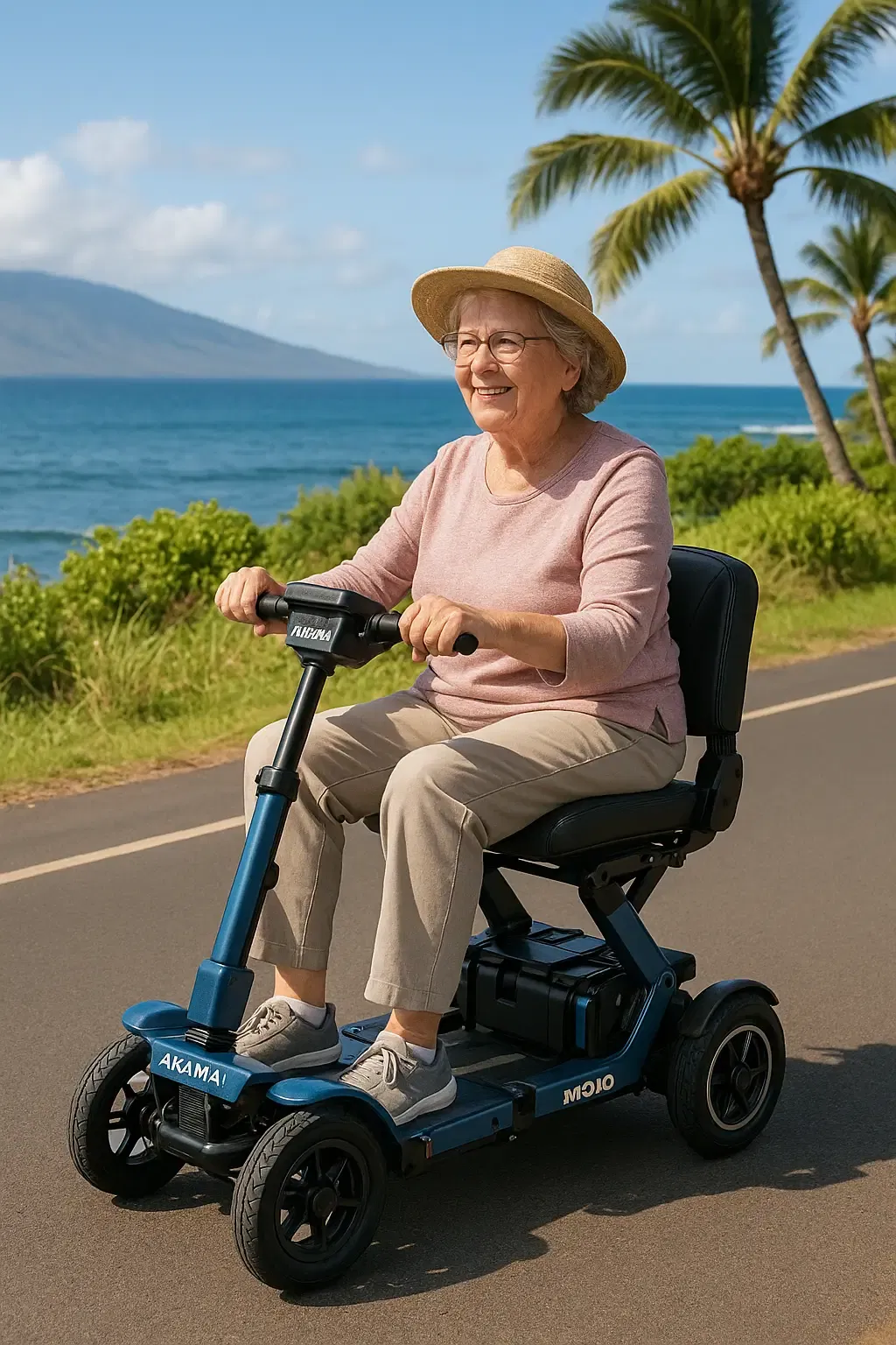 Elderly woman wearing a straw hat rides a blue Akamai Mobility Mojo foldable scooter near Waikoloa’s oceanfront on the Big Island of Hawaii.