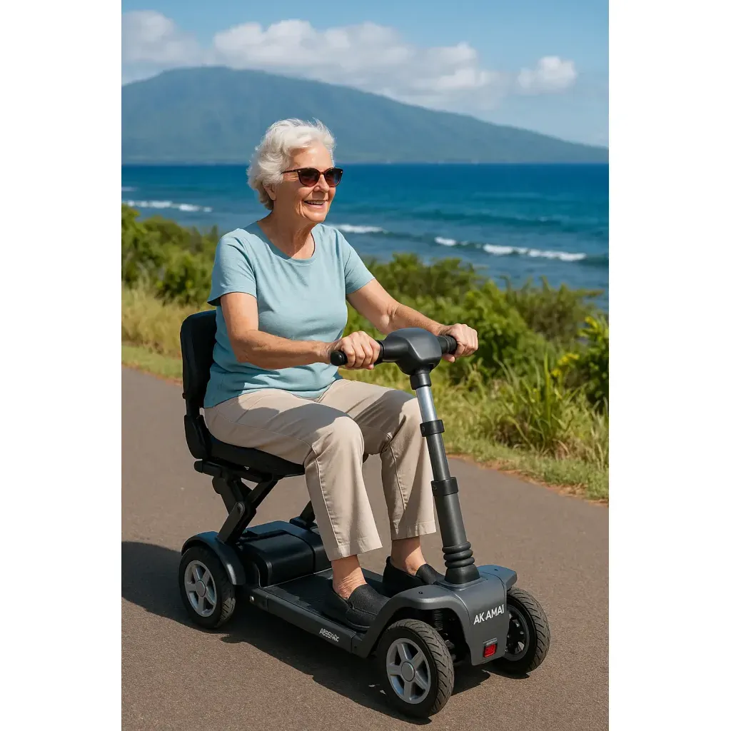 Older woman in a blue shirt riding a black Akamai Transformer folding scooter near Maui’s coastline, smiling on a sunny day.