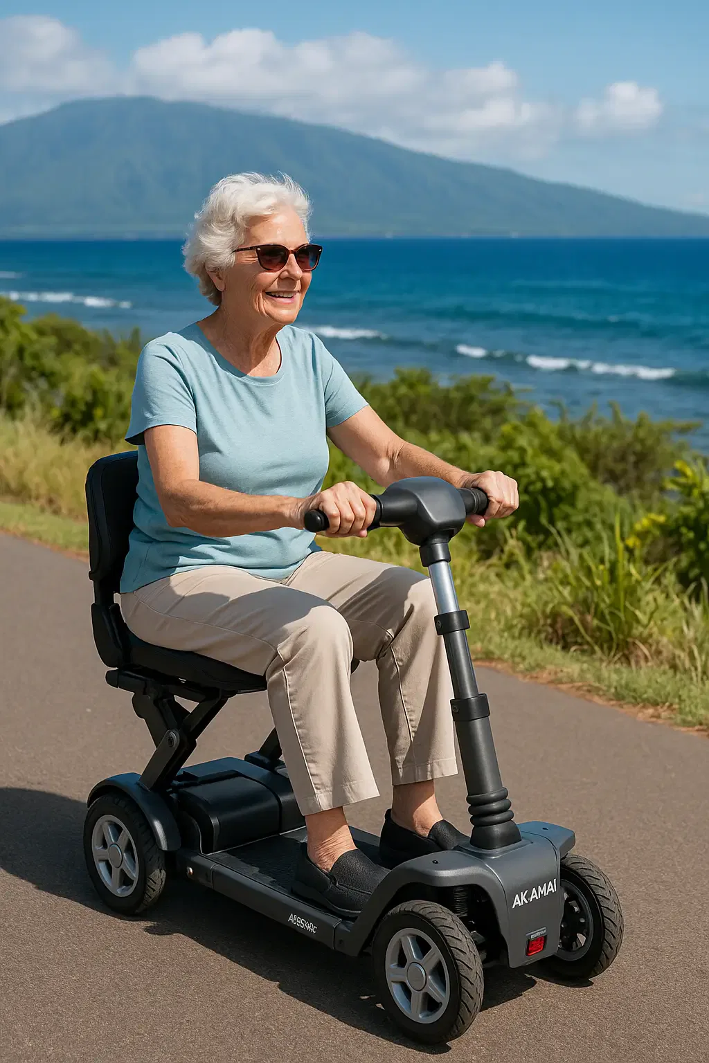 Older woman in a blue shirt riding a black Akamai Transformer folding scooter near Maui’s coastline, smiling on a sunny day.