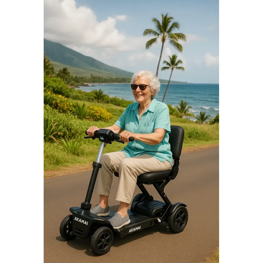 Senior woman enjoying a scenic ride on a black Akamai Mobility foldable scooter along the Kailua-Kona coastline on the Big Island of Hawaii.