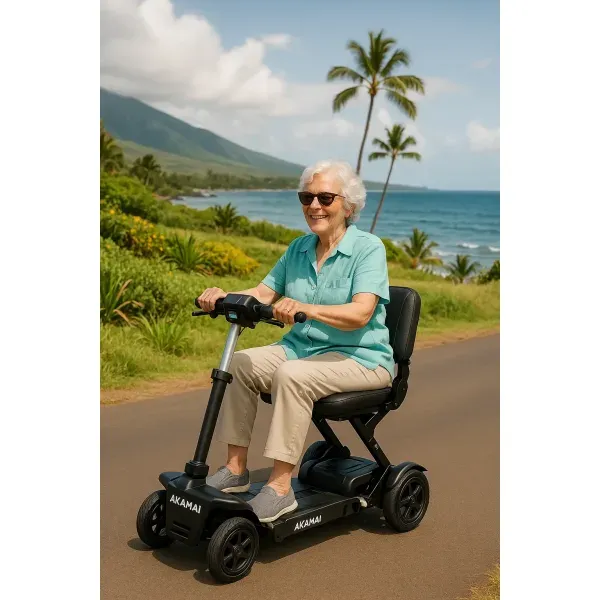 Senior woman enjoying a scenic ride on a black Akamai Mobility foldable scooter along the Kailua-Kona coastline on the Big Island of Hawaii.