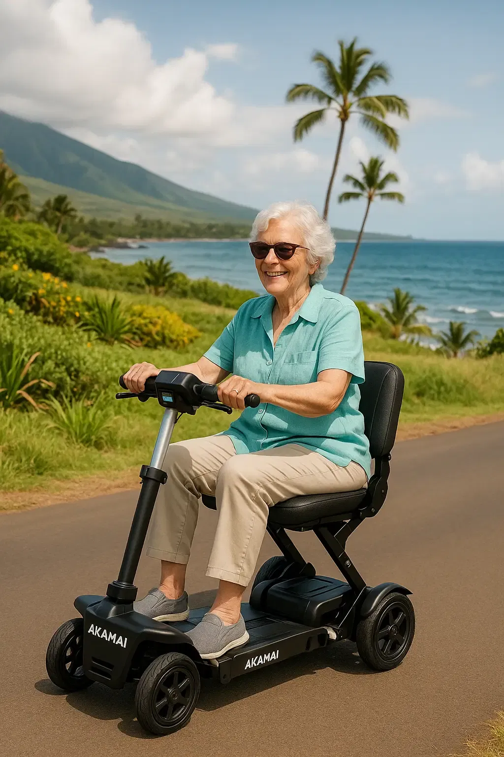 Senior woman enjoying a scenic ride on a black Akamai Mobility foldable scooter along the Kailua-Kona coastline on the Big Island of Hawaii.