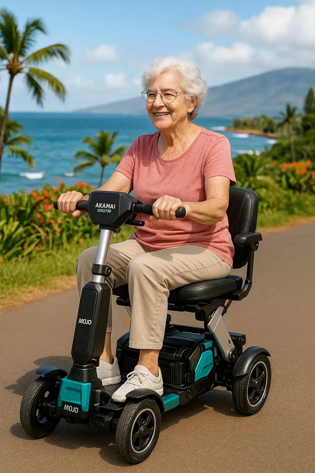 Smiling elderly woman riding a Mojo folding scooter from Akamai Mobility on a paved path near tropical Maui coastline.