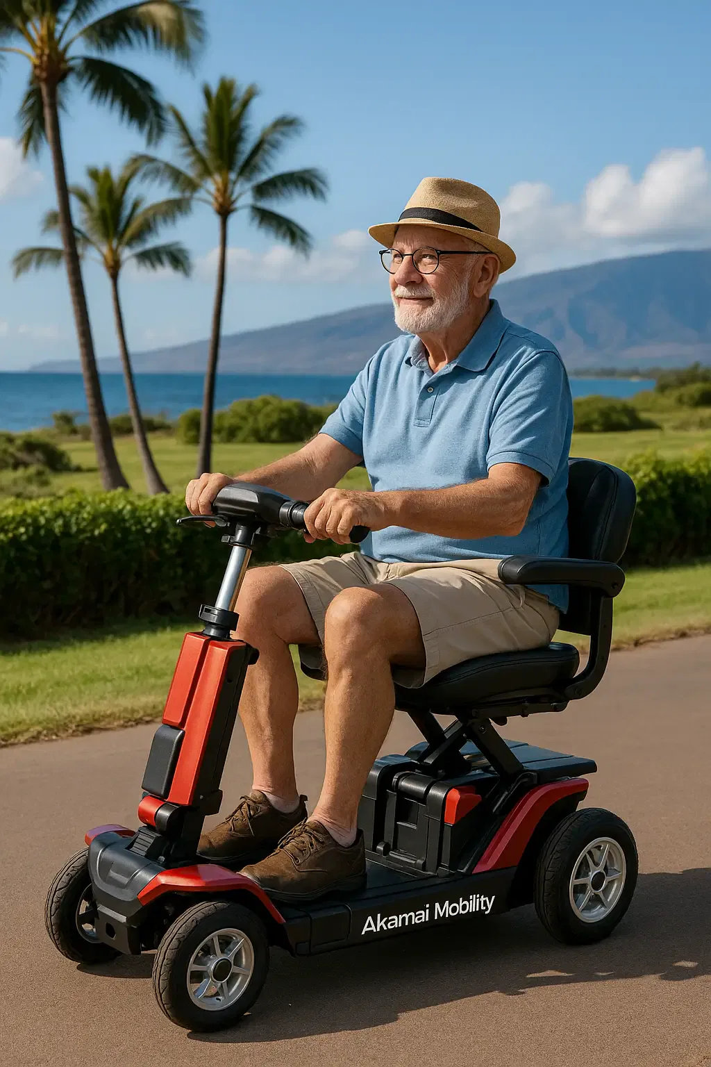 Senior man riding a red foldable mobility scooter by Akamai Mobility on a palm-lined path in Maui, with ocean and mountain views in the background.