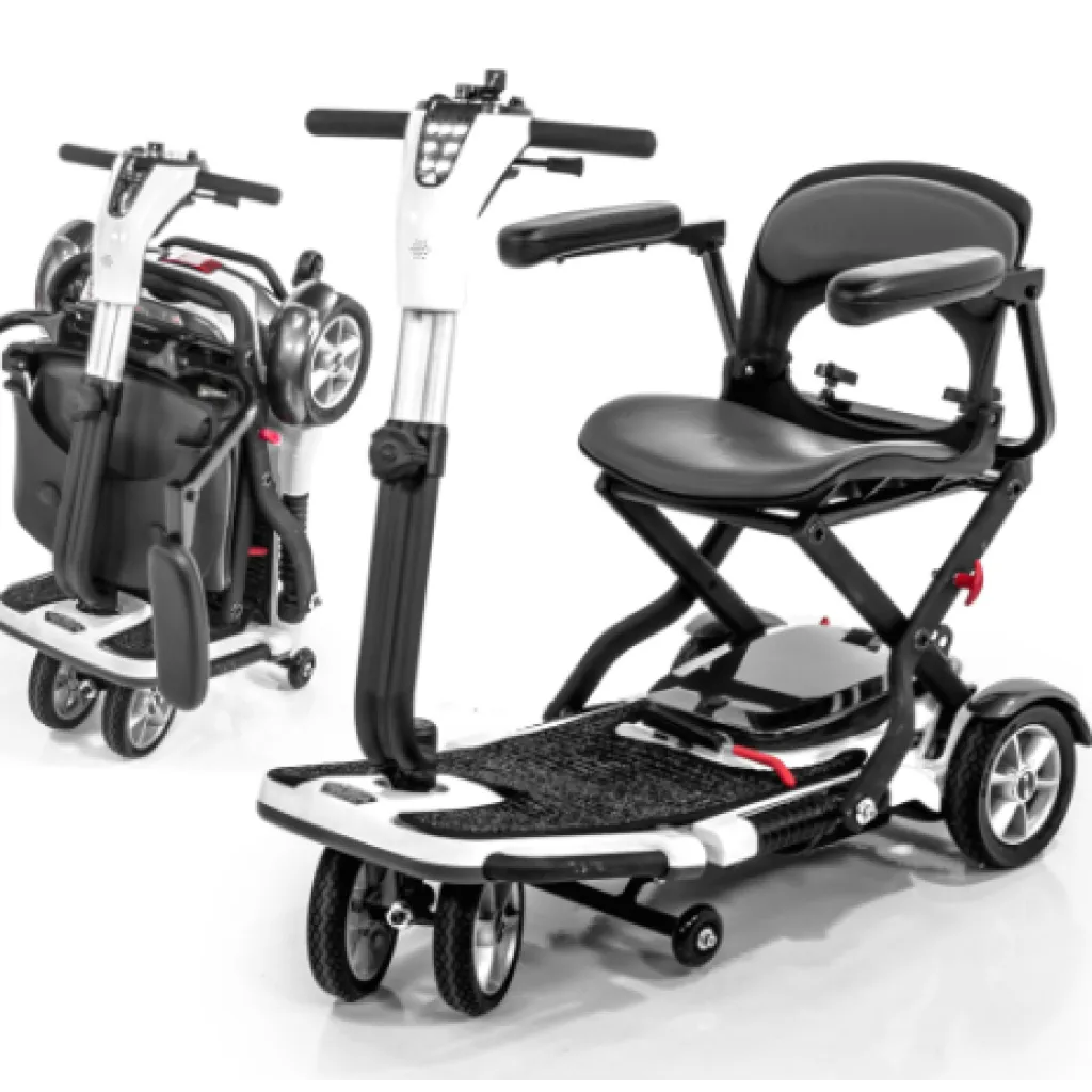 Pride Foldable mobility scooter with sleek white and black frame, designed for manual folding and easy portability in Maui.