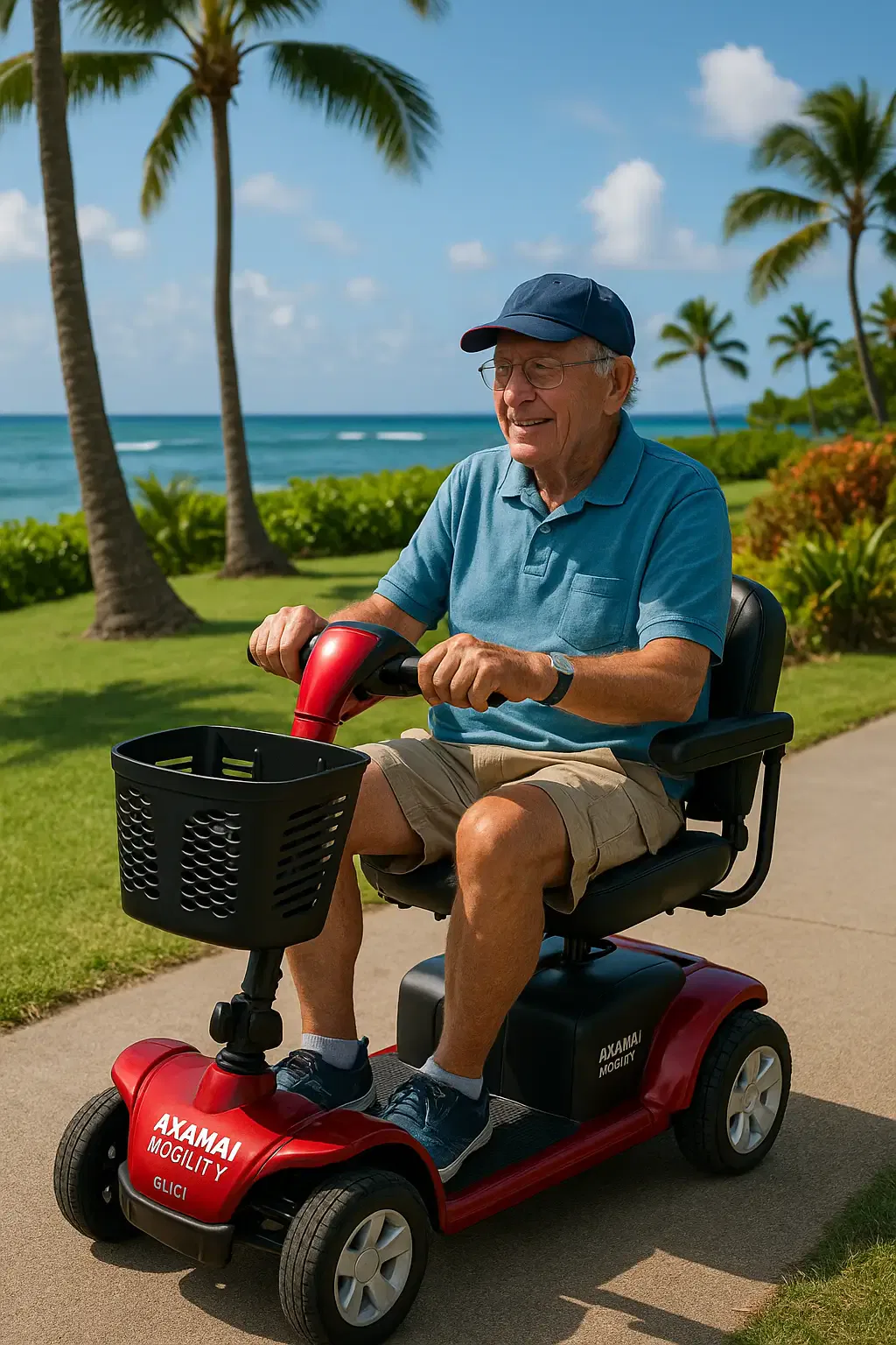 Senior man in a blue polo shirt rides a red heavy-duty Akamai Mobility scooter along the palm-lined resort paths in Wailea, Maui Hawaii.