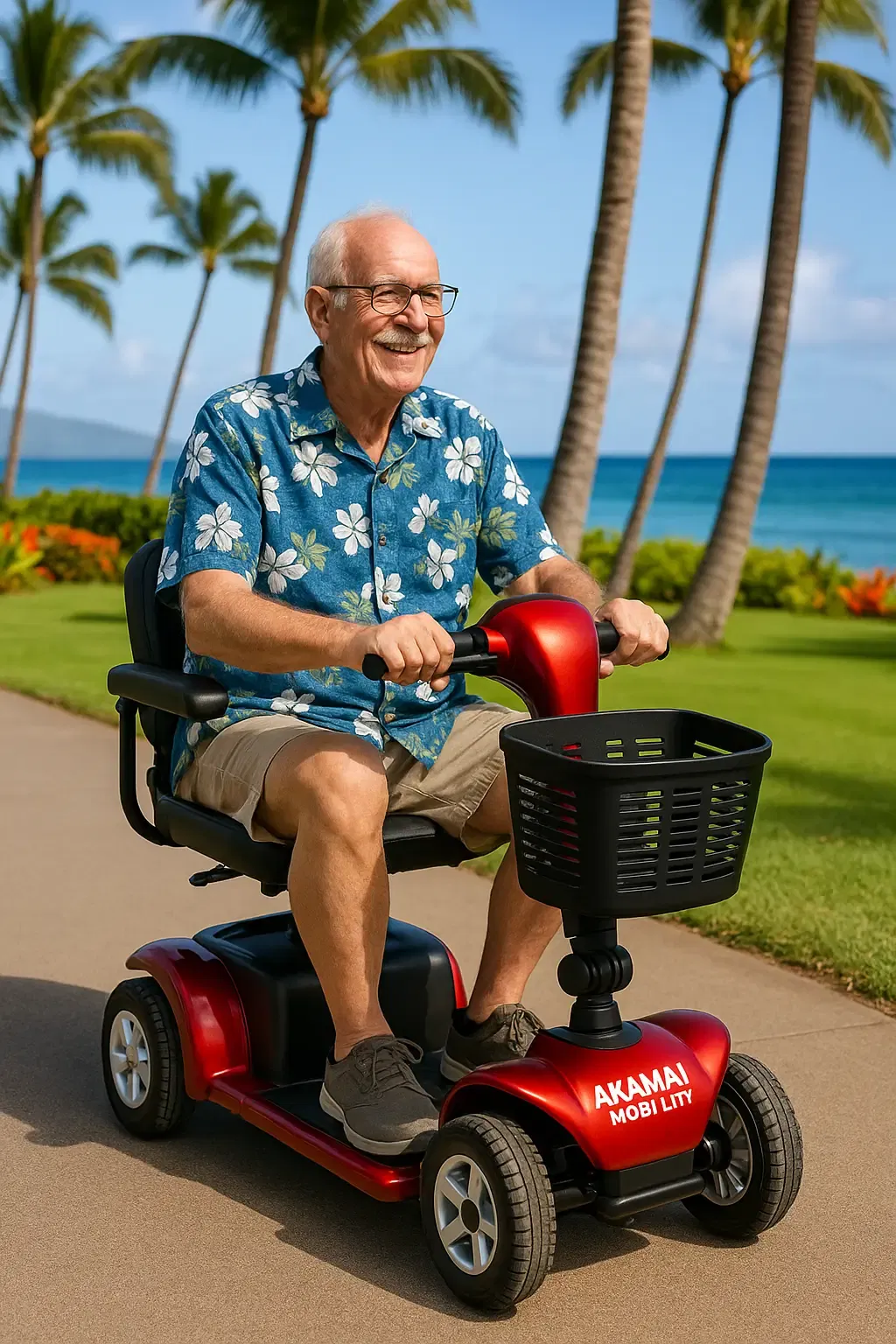 Senior man in a blue Hawaiian shirt rides a red heavy-duty Akamai Mobility scooter along a palm-lined resort path in Waikoloa, Hawaii.