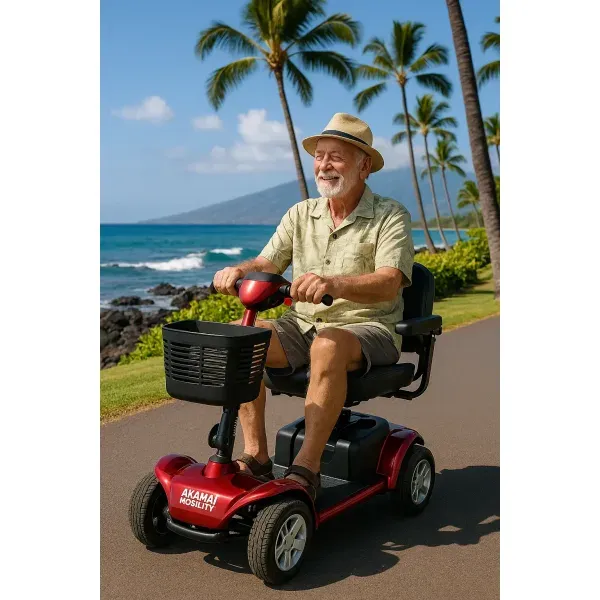 Smiling senior man in a straw hat rides a red heavy-duty Akamai Mobility scooter along the Lahaina coastline in Maui, Hawaii.