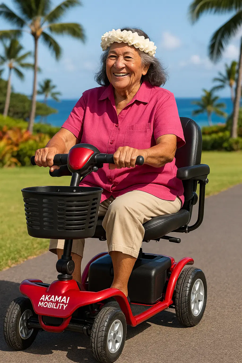 Hawaiian woman riding a heavy-duty mobility scooter in Kapalua, Maui.