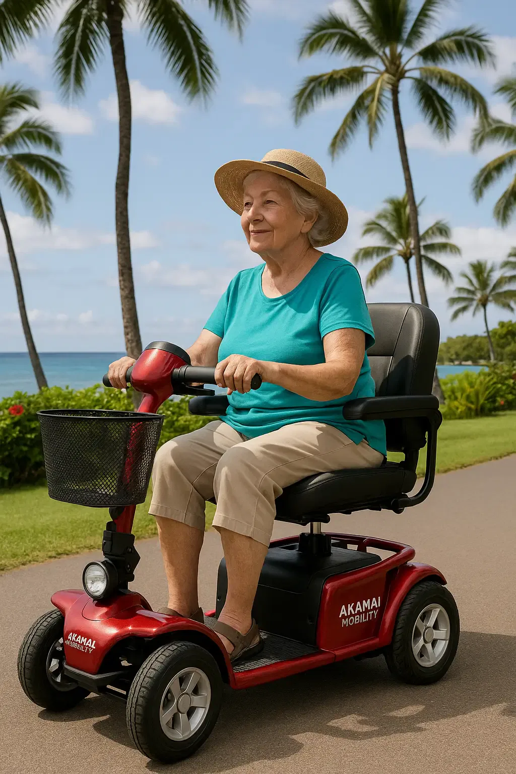 Senior woman using a red heavy-duty mobility scooter on a palm-lined Kaanapali, Maui pathway.