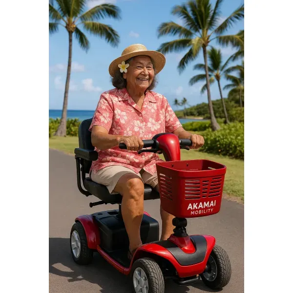 Smiling senior woman rides a red heavy-duty Akamai Mobility scooter with a front basket along the coastline in Kailua-Kona, Big Island Hawaii.
