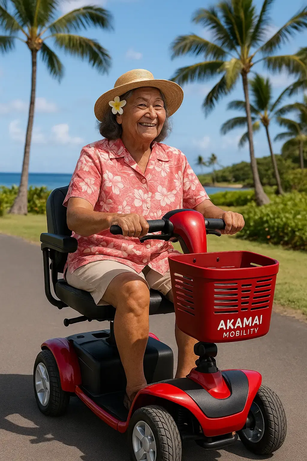 Smiling senior woman rides a red heavy-duty Akamai Mobility scooter with a front basket along the coastline in Kailua-Kona, Big Island Hawaii.