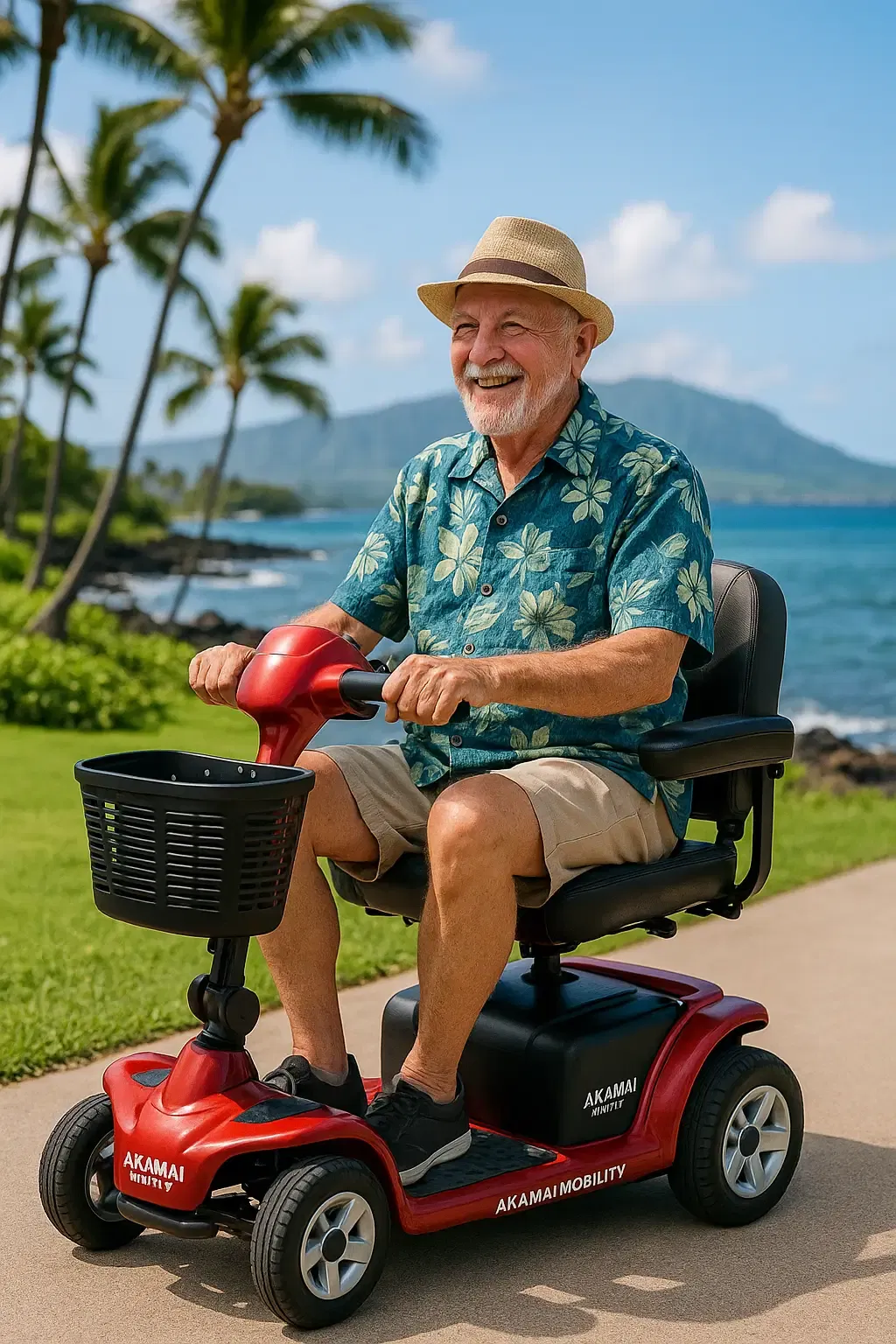 Older man in a straw hat rides a red heavy-duty Akamai Mobility scooter with an ocean view in Waikoloa, Big Island Hawaii.