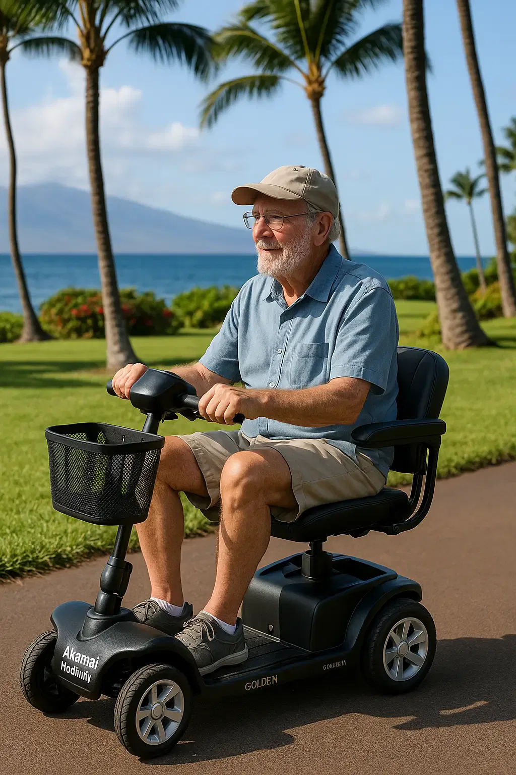 Senior man wearing a hat riding a Buzzaround lightweight scooter near the ocean in Kihei, Maui.