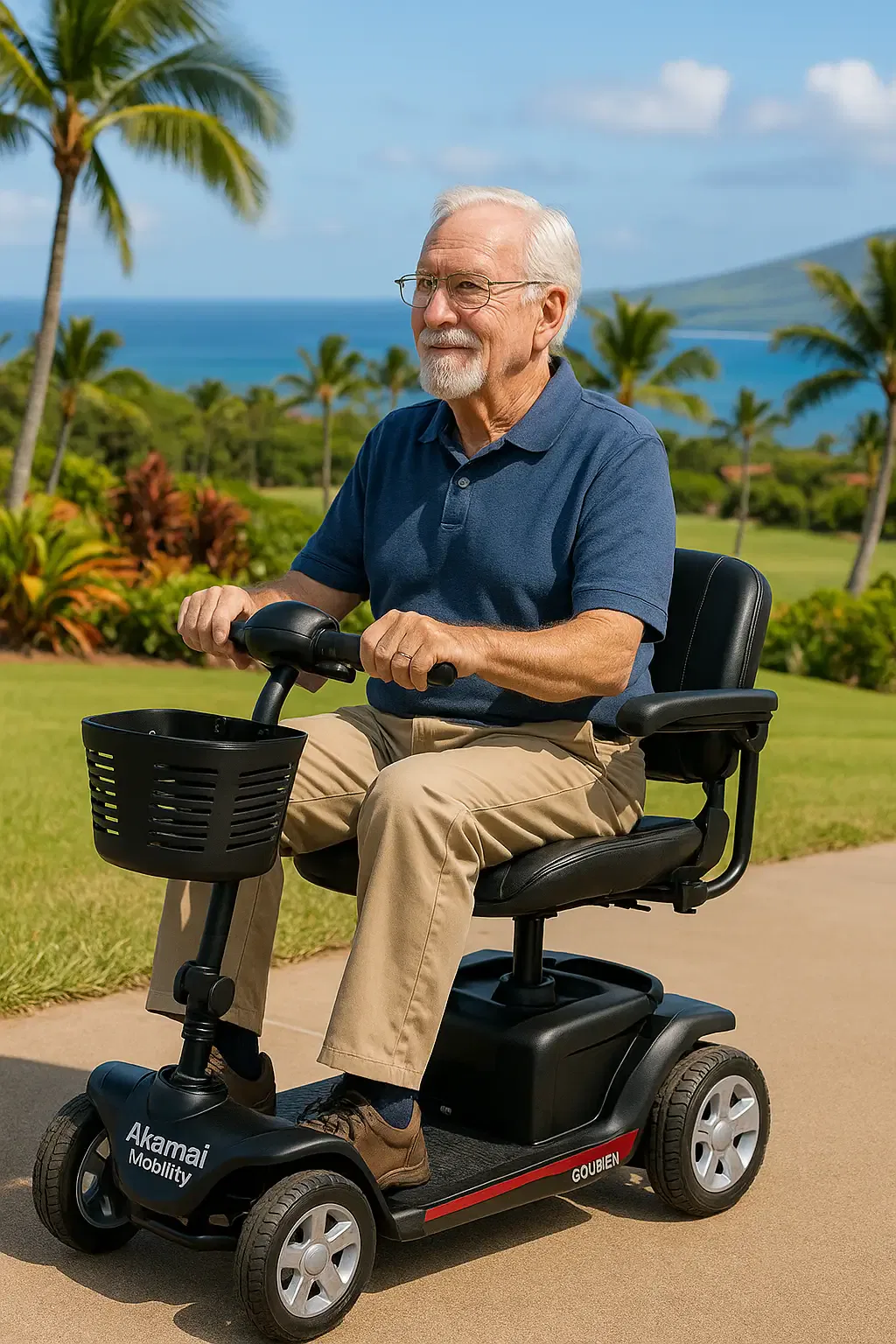 Older man riding a lightweight mobility scooter on a coastal path in Lahaina, Maui.